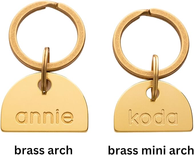 Solid Brass PET TAG - Modern, Minimal Pet IDs. Durable, Lifetime Tags with deep Cut Text. Includes Space for Two Phone Numbers. (Arch)
