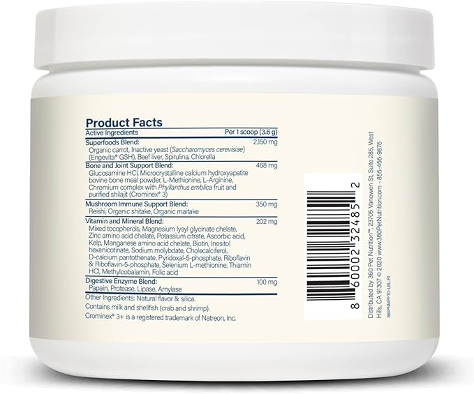 360 Pet Nutrition Canine Superfood Boost – All Life Stage Dog Meal Topper & Supplement, Supports Joint, Digestive & Immune Health, 30 Servings, Beef Flavor