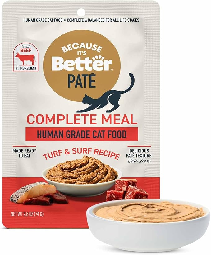 Because It's Better Pate Complete Meal, Turf & Surf Recipe, 2.6 oz Pouches, Wet Cat Food, 12 Count