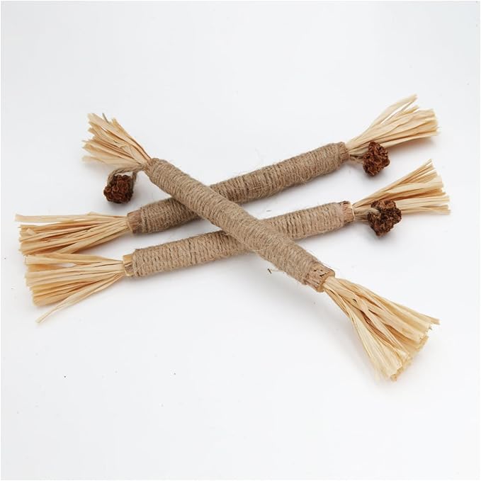 Interactive Cat Catnip Chew Toys, Natural Silvervine Teething Sticks, Jute Rope Wrapped Dental Care with Raffia Tassels (1 Thick& 3 Tiny)