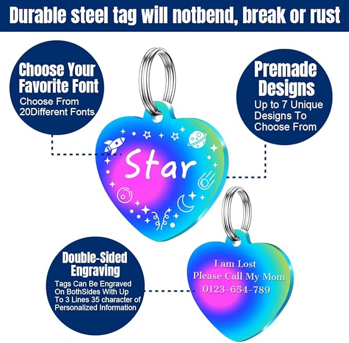 Personalized Dog Tags, Stainless Steel Pet Tags Personalized Cat, Collar Charm Engraved on Both Sides, up to 4 Lines of Custom Text, Multiple Patterns Colors Size Options (Star, XSmall)