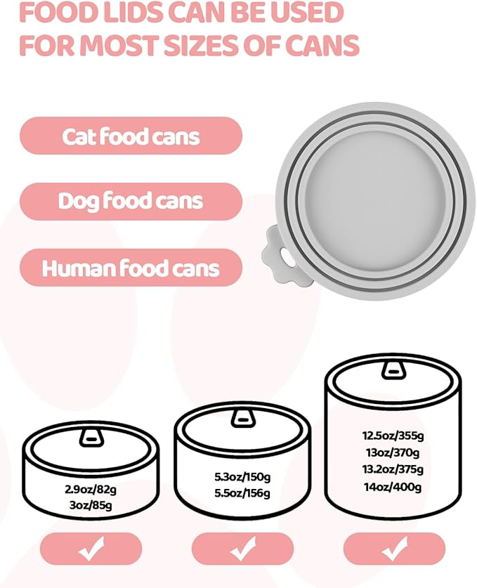 5 PCS Cat Food Can Covers Lids Set, Silicone Pet Food Can Lids with Multi-Function Cat Food Spoon and Opener, Cat Bar Squeezer, Stainless Steel Wet Food Spoon for Cats and Dogs (Pink) (Grey)