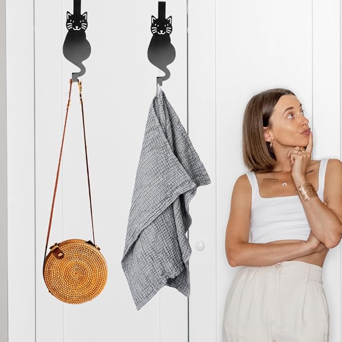 Evelots Over The Door Cat Hooks - 2 Pack - Strong Metal Kitty Decoration - Perfect for Coats, Handbags, Hats, Towels, Wreath Hanger Etc. - Hold up to 20 Pounds - Easy to Install - Rust Free