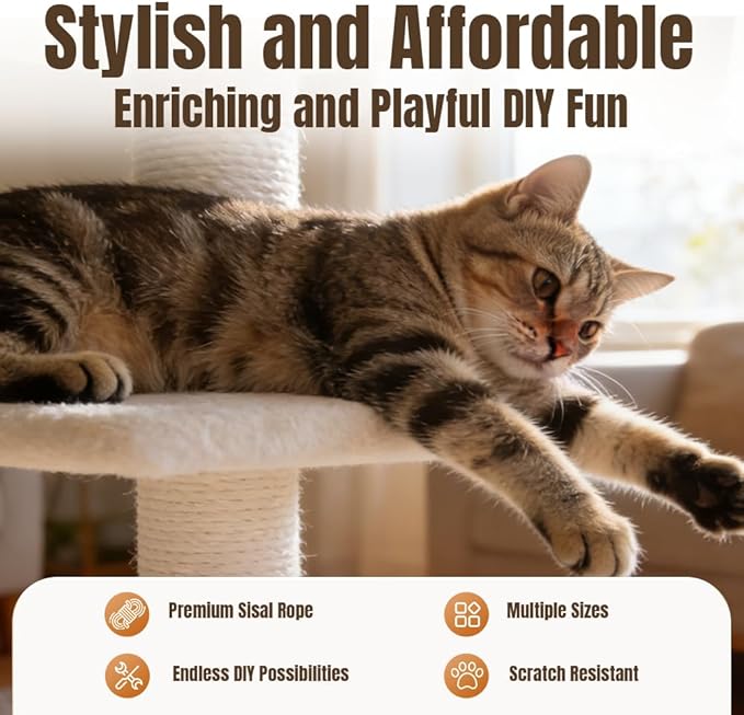 Natural Sisal Rope for Cat Scratcher Replacement, Durable Cat Tree Post Repair Cord for DIY Projects, Climbing Towers, Furniture Protection, Scratch Pad, Crafts, Garden, and Home Décor Use