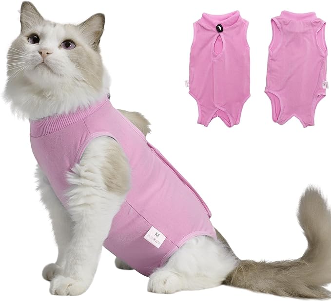 Cat Recovery Suit Female Kitten Onesie for Cats After Surgery Female Spay Surgical Abdominal Wound Skin Diseases Cone Collar Soft Alternative Wear (Pink, S)