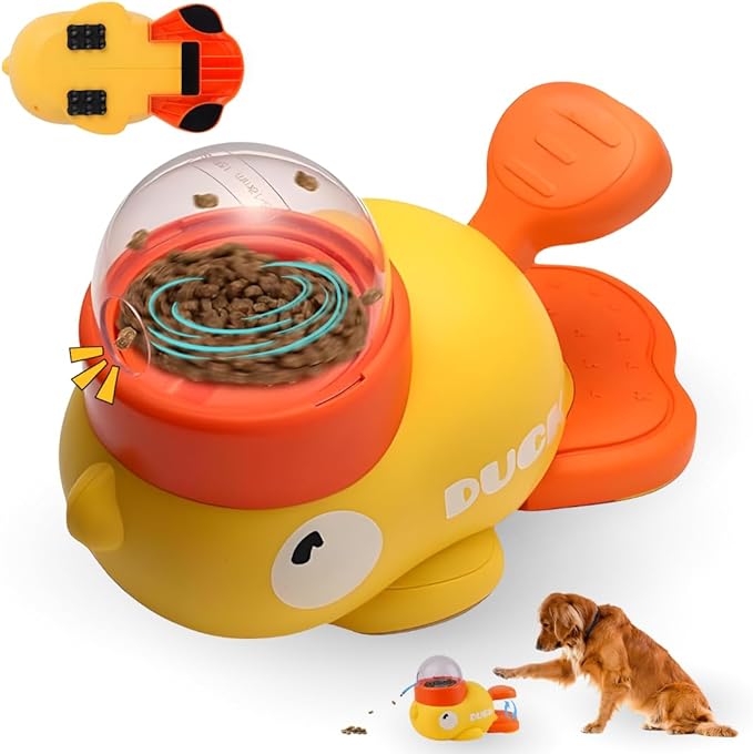 Duck Dog Treat Dispenser Toy - Anti-Slip Interactive Slow Puzzle Feeder for Dogs & Cats - 3 Challenge Lids for IQ Training, Mental Enrichment for Small, Medium & Large Dogs