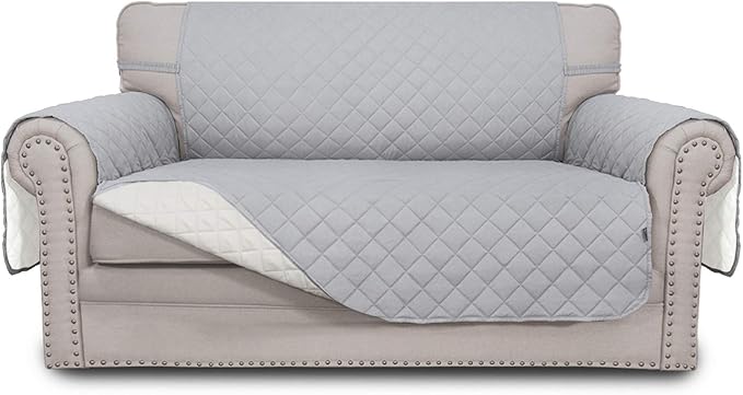 Easy-Going Reversible Loveseat Couch Cover for 2 Cushion Couch Sofa Cover for Dogs Water Resistant Furniture Protector with Foam Sticks Elastic Straps for Pet (Loveseat, Light Gray/Ivory)