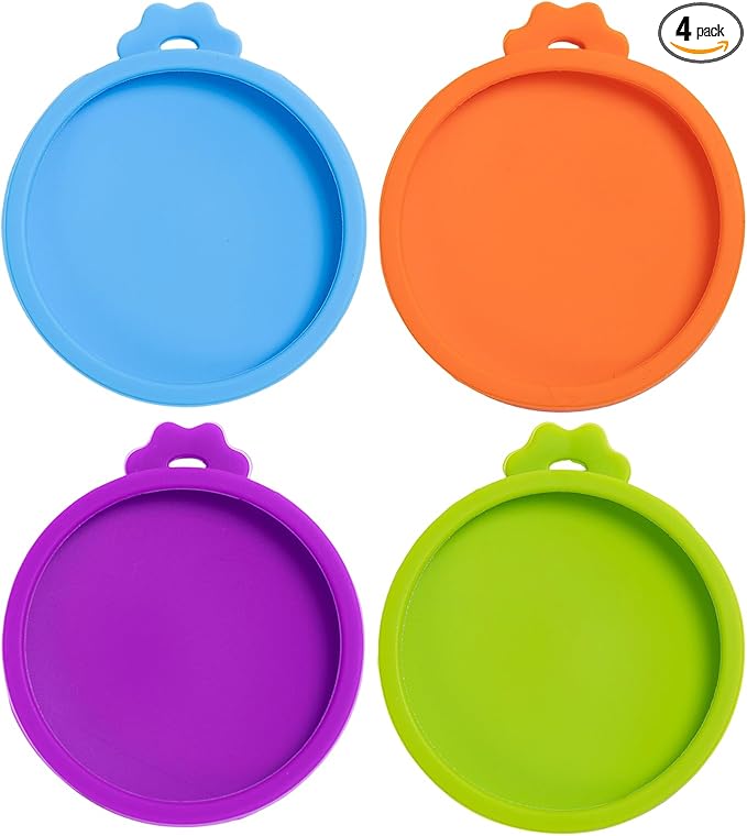 PINE & LINEN 4 Pcs 2.5inch Durable Pet Can Lids,Silicone Small Pet Can Covers Waterproof Cat Food Cans Lids for 3 oz Cat Food Cans（Sky Blue+Orange+Purple+Green）