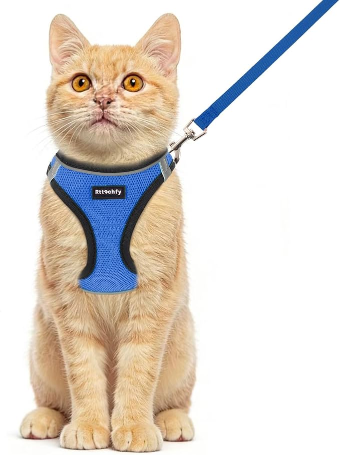 Rttochfy Cat Harness and Leash Set, Escape Proof Kitten Harness, Soft and Breathable Vest with Reflective Strip, Easy to Wear for Cats Walking and Traveling (BK Blue, XS)