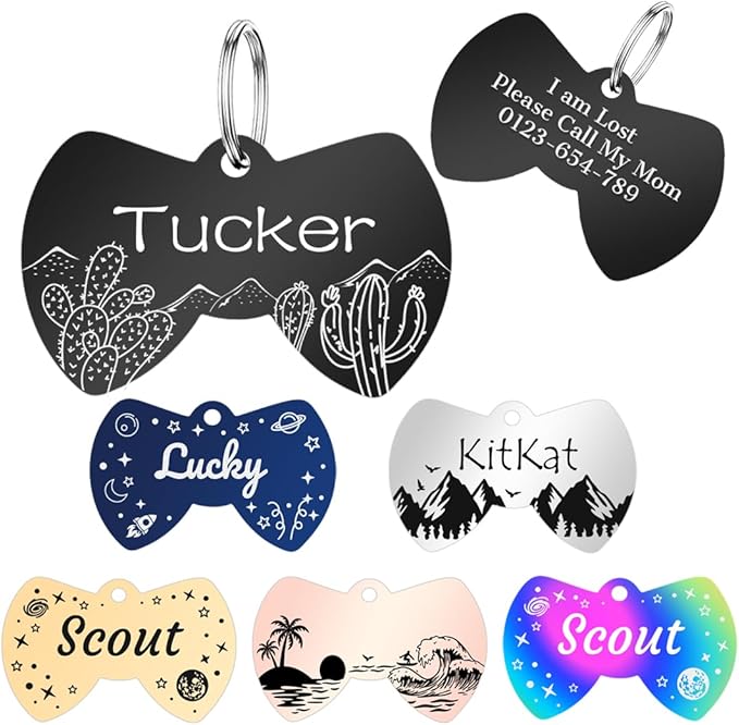 Personalized Dog Tags and Cat Tags, Stainless Steel Pet ID Tags, Collar Charm Engraved on Both Sides, up to 4 Lines of Custom Text, Various Patterns and Colors Options (Bowtie)