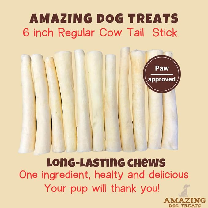 Amazing Dog Treats - Cow Tail Dog Chews (6 Inch Regular - 6 Pack) - Sourced from 100% Grass Fed Cattle - All Natural - Long Lasting Chew for Dogs - Rawhide Alternative for Dogs