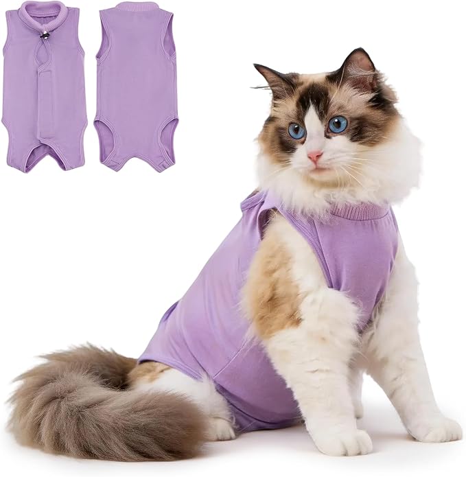 Avont Cat Recovery Suit Female Kitten After Spay Surgery, Breathable Modal Cotton Cat Onesie for Wound & Skin Disease Care, Machine Washable -Purple(M)
