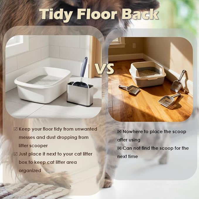 Full Metal Cat Litter Scoop with Holder, Stainless Steel Cat Litter Scooper Holder, Aluminum Kitty Scoop Captures All Clumps, Heavy Duty Kitty Metal Scooper with Non-Slip Handle