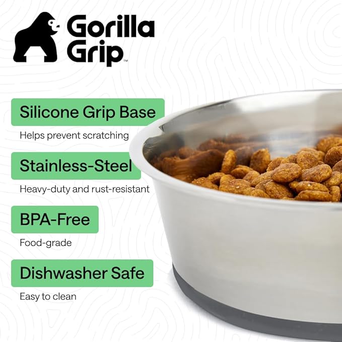 GORILLA GRIP Dog Bowls, Food Grade 304 Stainless Steel, Holds 2 Cups Each (16 fl oz) Food and Water Bowl for Feeding Dogs and Cats, Dishwasher Safe, Rust Resistant, BPA Free Rubber Base Set of 2 Gray