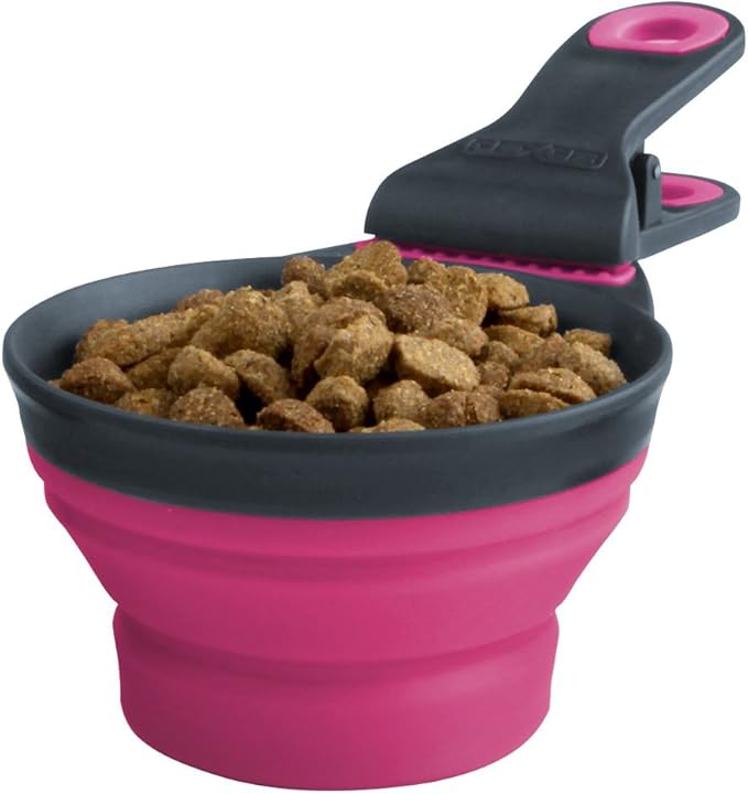 Dexas Popware for Pets Collapsible Klip Scoop, 3 in 1 Design Convenient Measuring Cup, Food Scooper and Bag Clip, ½ Capacity Pet Food Scoop, Versatile Food Measuring Cups Portion Control Gray/Pink