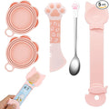 5 PCS Cat Food Can Covers Lids Set, Silicone Pet Food Can Lids with Multi-Function Cat Food Spoon and Opener, Cat Bar Squeezer, Stainless Steel Wet Food Spoon for Cats and Dogs (Pink) (Flower Pattern)
