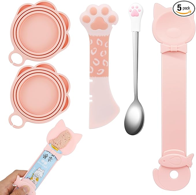 5 PCS Cat Food Can Covers Lids Set, Silicone Pet Food Can Lids with Multi-Function Cat Food Spoon and Opener, Cat Bar Squeezer, Stainless Steel Wet Food Spoon for Cats and Dogs (Pink) (Flower Pattern)