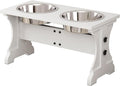 Piskyet Elevated Dog Bowls,Farmhouse Dog Bowls Stand, Raised Dog Bowl with 2 Stainless Steel Wooden Dog Bowls,7 Cups 11''H_55 oz Bowl-White, GWJ-01
