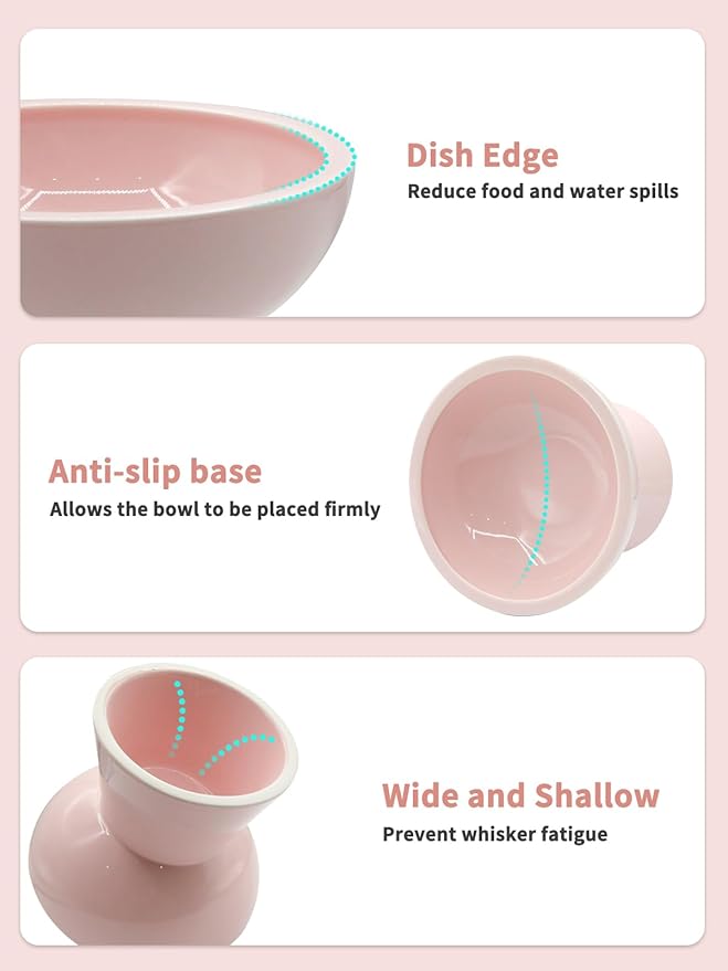 LoeJan Elevated Cat Food and Water Bowls Set, Extra Wide and Raised Ceramic Feeder, Anti-Vomit Whisker-Free Pressure Feeding Bowl for Kittens Adult Cats Small Dogs (Pink, Bowl Set)