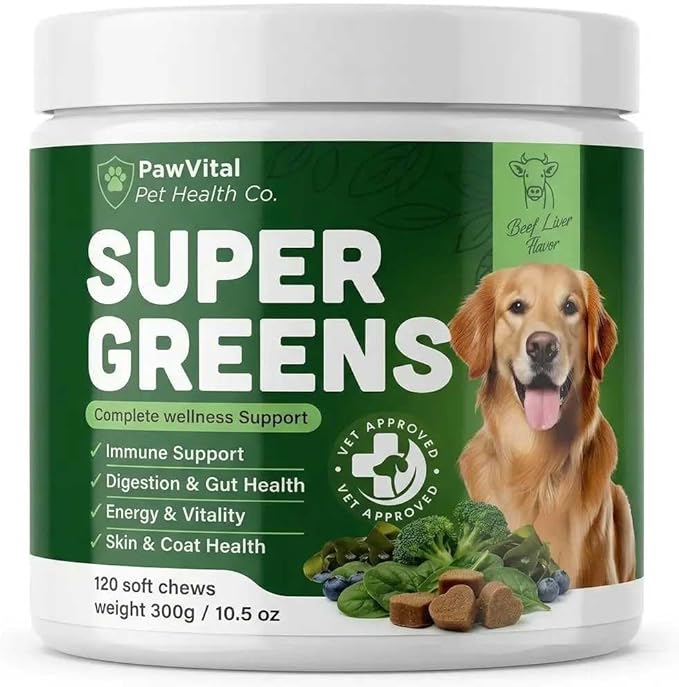 Super Greens Multivitamin Chews for Dogs – Dog Greens & Daily Dog Multivitamin with Spirulina, Chlorella, Probiotics & Enzymes for Immune, Gut, Skin & Energy Support – Beef Liver – 150 Chews