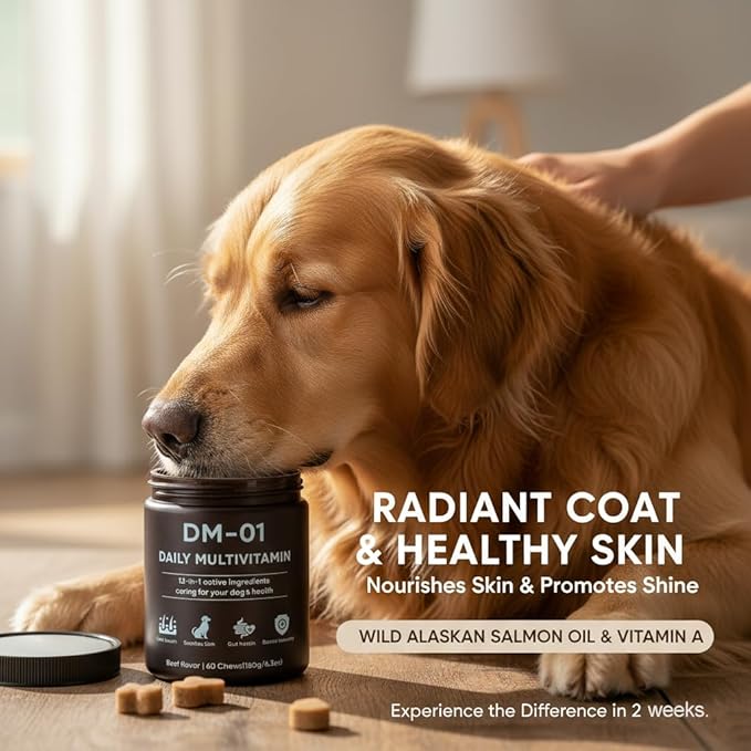 DM-01 Daily Multivitamin, Multivitamin Itch Relief Chews for Dog, with Folic Acid, Salmon Oil, Chondroitin & Natural Vitamins, Skin and Coat Healthy, Digestive & Boost Immunity, 60 Chew (Beef)