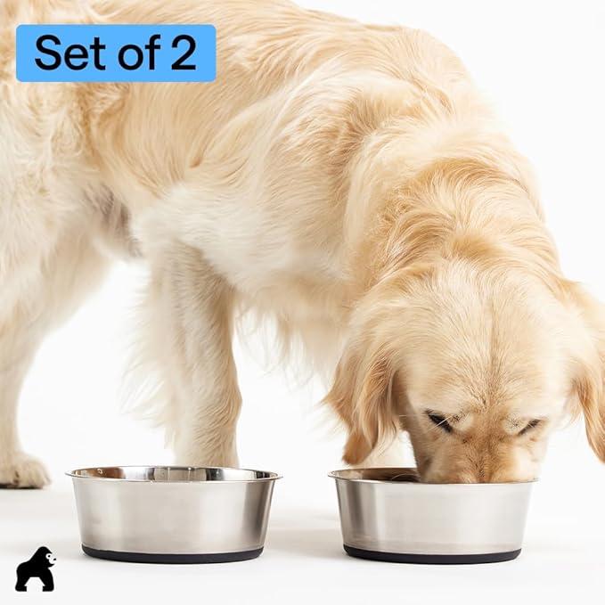GORILLA GRIP Dog Bowls, Food Grade 304 Stainless Steel, Holds 1 Cup Each (8 fl oz) Food and Water Bowl for Feeding Dogs and Cats, Dishwasher Safe, Rust Resistant, BPA Free Rubber Base Set of 2 Black