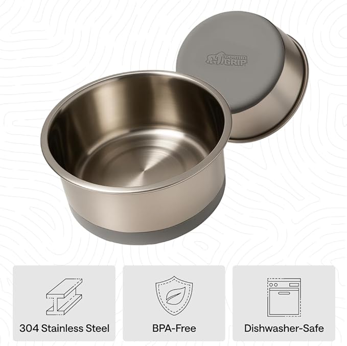 GORILLA GRIP Dog Bowls, Food Grade 304 Stainless Steel, Holds 4 Cups Each (32 fl oz) Food and Water Bowl for Feeding Dogs and Cats, Dishwasher Safe, Rust Resistant, BPA Free Rubber Base Set of 2 Gray