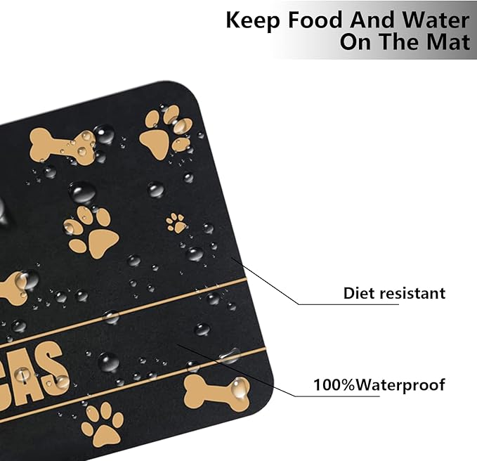 Personalized Cat Dog Food Mat - Non-Slip, Waterproof, Custom Pet Mat with Golden Bone and Paw Prints