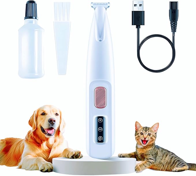 Dog Paw Trimmer Low Noise, Electric Clippers for Dog's & Cat's & Rabbit's, Pet Paw Trimmer with LED Light, Paw Cleaner USB Rechargeable, Grooming Shaver for Pet Feet Eyes Face Ears Rump Hair