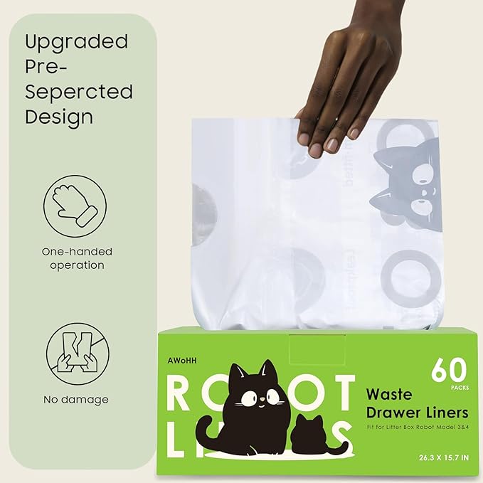 60 Tidy Draw-Pack Cat Litter Box Robot 5/4/3 Waste Bags,Tear-free, Sensor-compatible, Automatic Litter Box Bags, Thick Heavy Duty Cat Litter Box Liner Bags 26.3 X15.7 IN