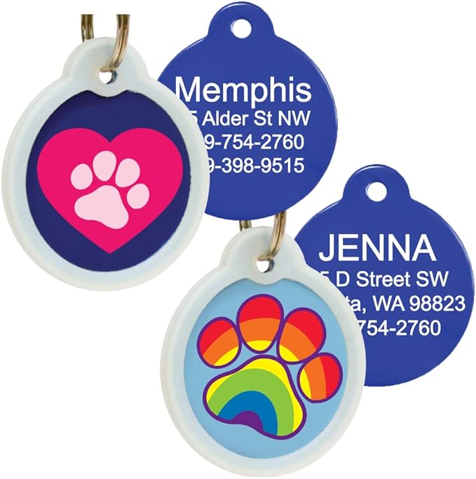 GoTags Unique Pet Tags, Personalized with 4 Lines of Custom Engraved ID, Silent Dog Tags with Glow in The Dark Silencer to Quiet Tag, Several Cute Tag Designs for Cat or Dog, (Rainbow Paw)