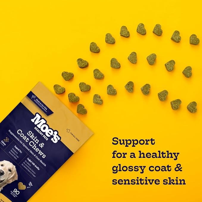 Moe’s Skin & Coat Omega 3, 6, 9 and Vitamin Supplement for Dogs - 90 Soft Chews for Dog Itching Skin Relief Supports Dryness, & Thick, Shiny Coats - with Premium Omega Oil for Dogs of All Breeds