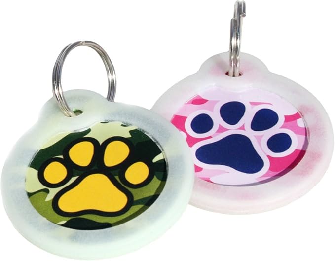 GoTags Unique Pet Tags, Personalized with 4 Lines of Custom Engraved ID, Silent Dog Tags with Glow in The Dark Silencer to Quiet Tag, Several Cute Tag Designs for Cat or Dog, (Pink Camo)