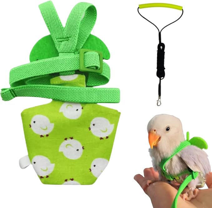 Adjustable Bird Diaper Harness Flight Suit Clothes with 80 Inch Flying Leash Rope for Parrots Conure Cockatiel (Green,Macaw)