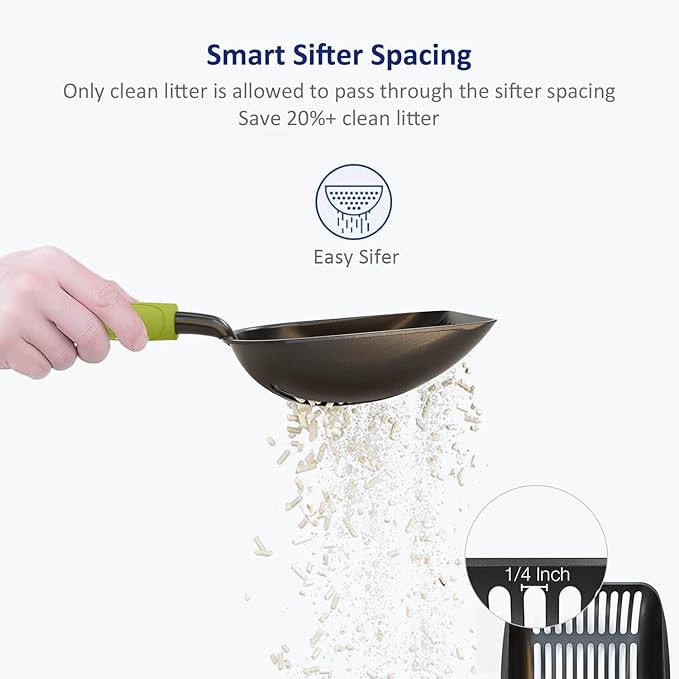 WePet Cat Litter Scoop, Non-Stick Plated Aluminum Alloy Sifter, Kitty Durable Metal Scooper, Deep Shovel, Long Handle, Kitten Pooper Lifter, Size Medium, Coated Black Body with Green Handle