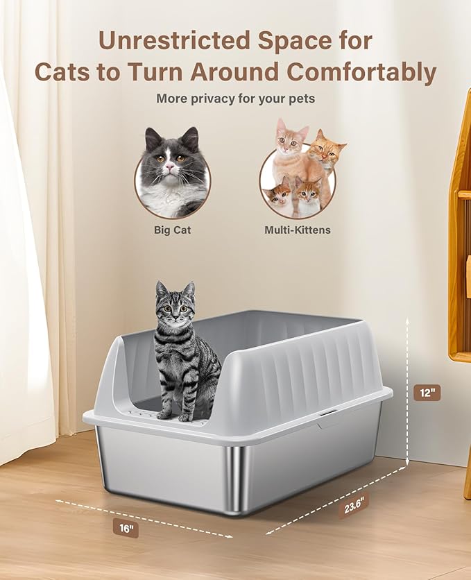 Stainless Steel Cat Litter Box XL with Lid, Enclosed Metal Extra Large Litter Box Pan High Sided with Scoop for Big Cats, Non-Sticky, Anti-Urine Leakage, Easy Cleaning