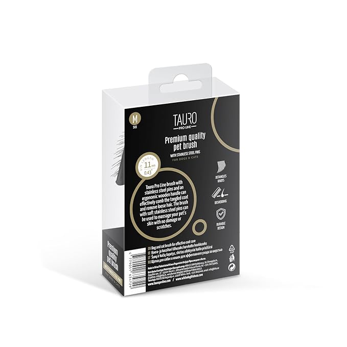 Tauro Pro Line Wooden Brush with Metal Rim for Dogs & Cats, Stainless Steel Pins for Undercoat Removal & Dematting, Grooming Tool for All Coat Types, Ideal for Doodles & Poodles, Medium Size (M)
