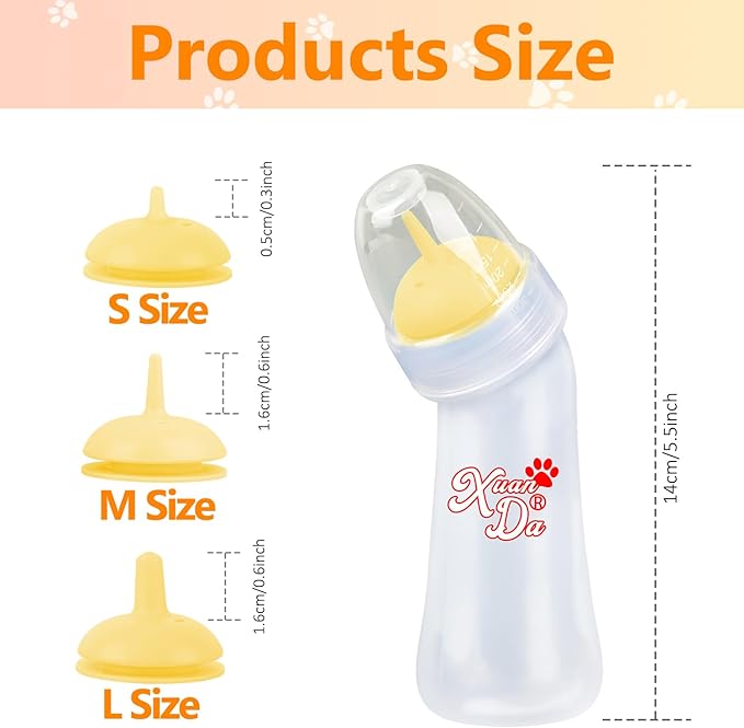 Pet Feeding Bottle,3 Pack Wide Mouth Angled Nursing Bottle, 3 Sizes Nipples with Ventilation Valve Resistant Tearing Perfect for Puppies, Kittens, Small Wildlife(Yellow)