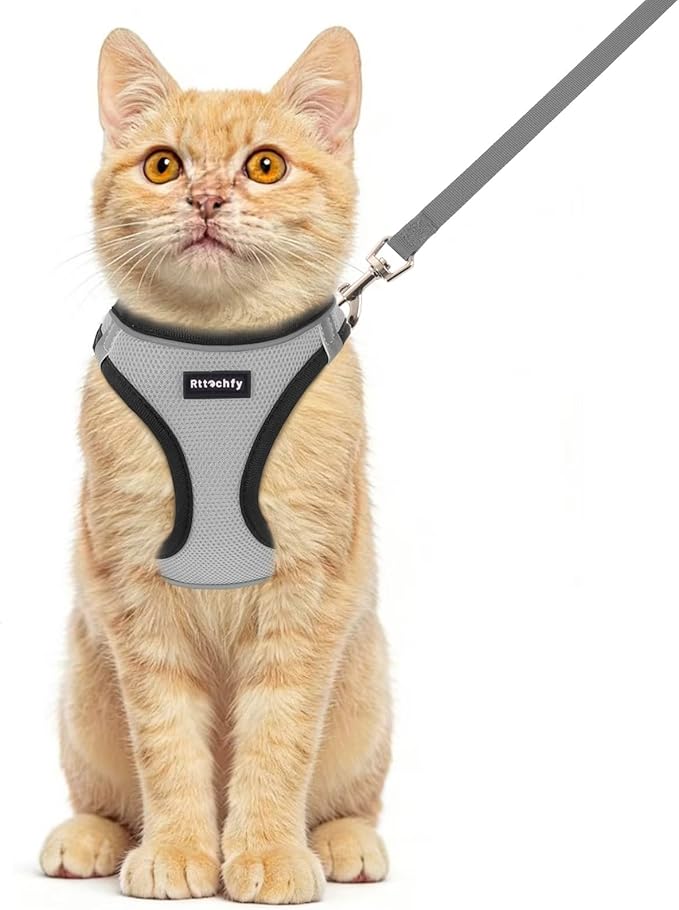 Rttochfy Cat Harness and Leash Set, Escape Proof Kitten Harness, Soft and Breathable Vest with Reflective Strip, Easy to Wear for Cats Walking and Traveling (BK Grey, XXS)