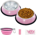 Triumilynn Rhinestone Cat Bowls Rhinestone Dog Bowls, Pink Cat Food Bowl Pink Bling Dog Bowl Stainless Steel for Small Pets Food Water Dishes-2 Pack