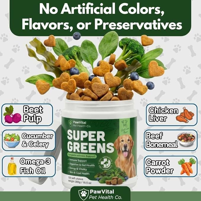 Super Greens Multivitamin Chews for Dogs – Dog Greens & Daily Dog Multivitamin with Spirulina, Chlorella, Probiotics & Enzymes for Immune, Gut, Skin & Energy Support – Beef Liver – 150 Chews