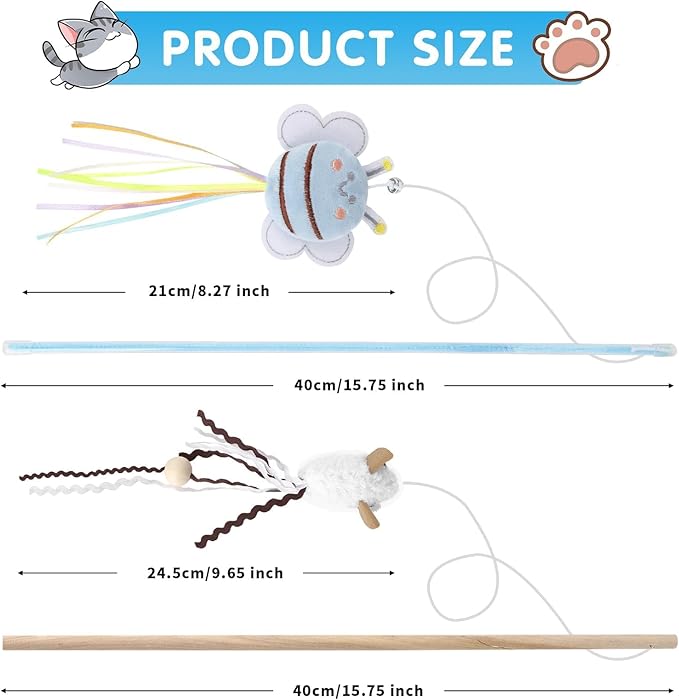 NOWFRESH Cat Wand Toy Set, 2 PCS Interactive Cat Teaser Wands with Cute Lion & Mouse Designs, Equipped with Bells and Streamers to Captivate Your Cat’s Attention