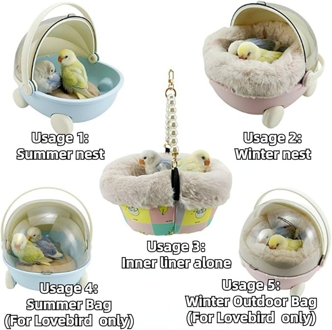 Bird Carrier Cage with Warm Nest, Cushion and Safe Lock, Portable Cages with Chain, Small Animals Travel Carrier Plastic Breathable Outgoing Box for Hamsters Lovebirds Budgies Sugar Gliders (Pink)