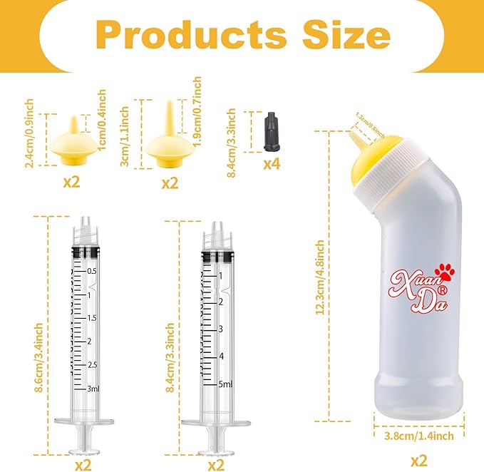 Kitten Nursing Nipple with Syringe, Wide Mouth Angled Puppy Feeding Bottles, with Ventilation Valve Resistant Tearing for Puppies, Kittens, Rabbit, Small Wildlife (S Nipple,Yellow)