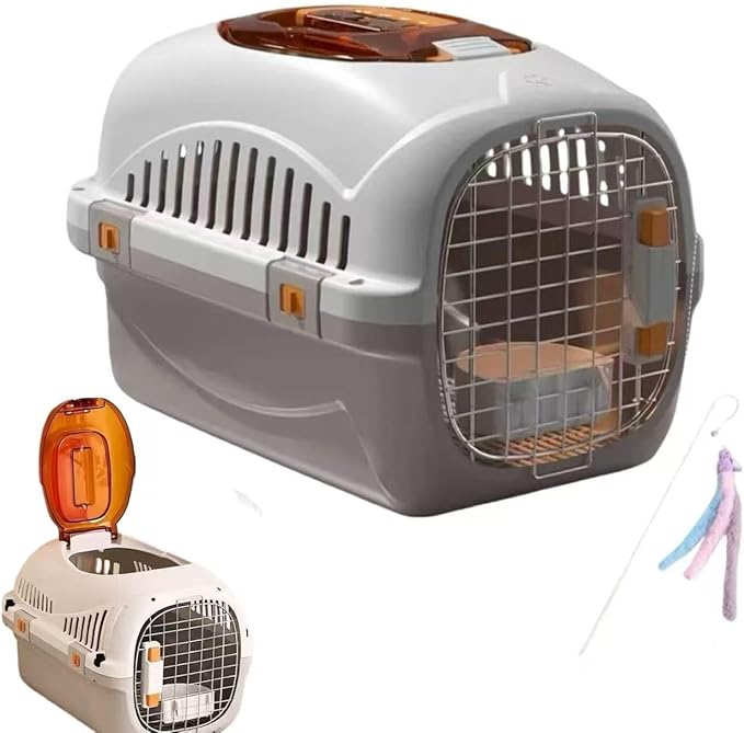 Hard Top Load Cat Carrier,Airline Pet Carrier,Cat Carrier Hard Shell, 360° Ventilation, Front Metal Door, Secure Latches,Includes Feather Wand,Hiking Car Travel Crate for Cats Small Dogs (Gray Set)