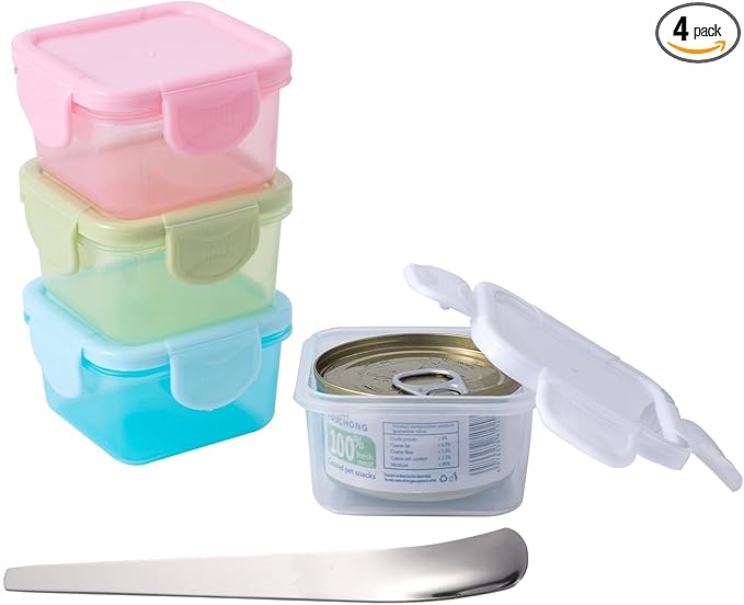 Canned Cat Food Storage Can Container for 3oz Cat Cans,4 Pack Airtight Pet Food Sealer with Snap-Lock Cover Lids and Stainless Steel Spoon for 2.56''/65mm Small Cans