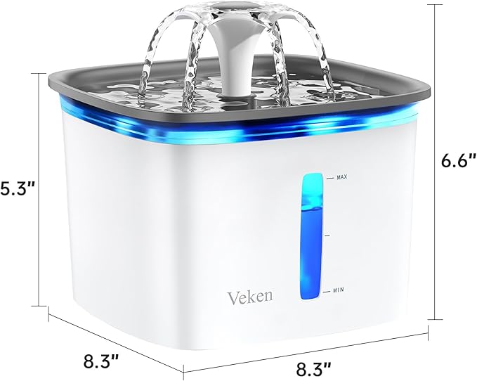 Veken Innovation Award Winner 95oz/2.8L Pet Fountain, Automatic Cat Water Fountain Dog Water Dispenser with Replacement Filters, Gifts for Cats, Dogs, Multiple Pets (Grey, Plastic)