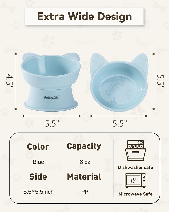 MateeyLife Raised Cat Bowls, Cat Food Bowl Elevated for Kittens & Small Dogs, 15°Tilted Protect Pets' Neck and Anti Vomiting, Whisker Friendly Food & Water Feeding Bowl, 6 oz Each - Blue