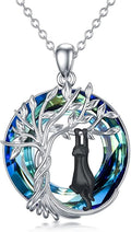 TOUPOP Cat Gifts for Cat Lovers Sterling Silver Cute Cats Tree of Life Pendant Necklace with Blue Circle Crystal Birthday Christmas Jewelry Gifts for Women