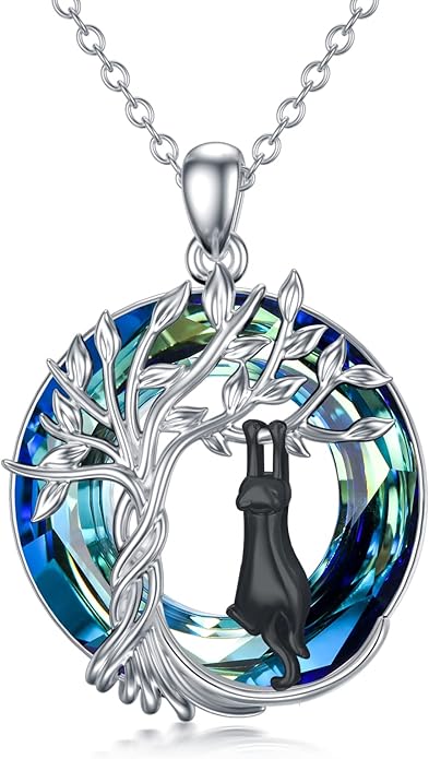 TOUPOP Cat Gifts for Cat Lovers Sterling Silver Cute Cats Tree of Life Pendant Necklace with Blue Circle Crystal Birthday Christmas Jewelry Gifts for Women
